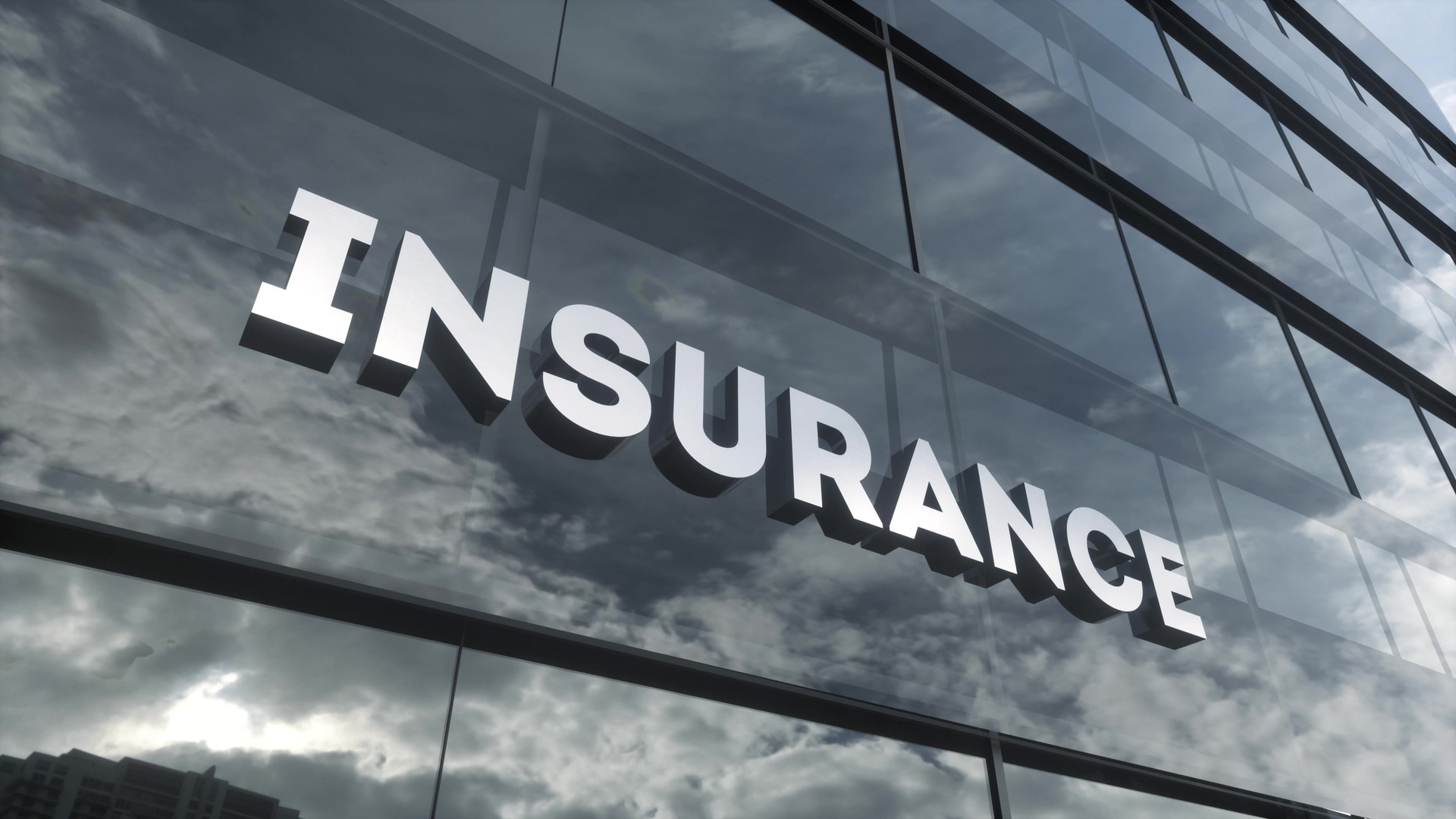 Insurance corporation building with glass windows and sky reflections. Sign Insurance on the facade of the office building. 3d illustration