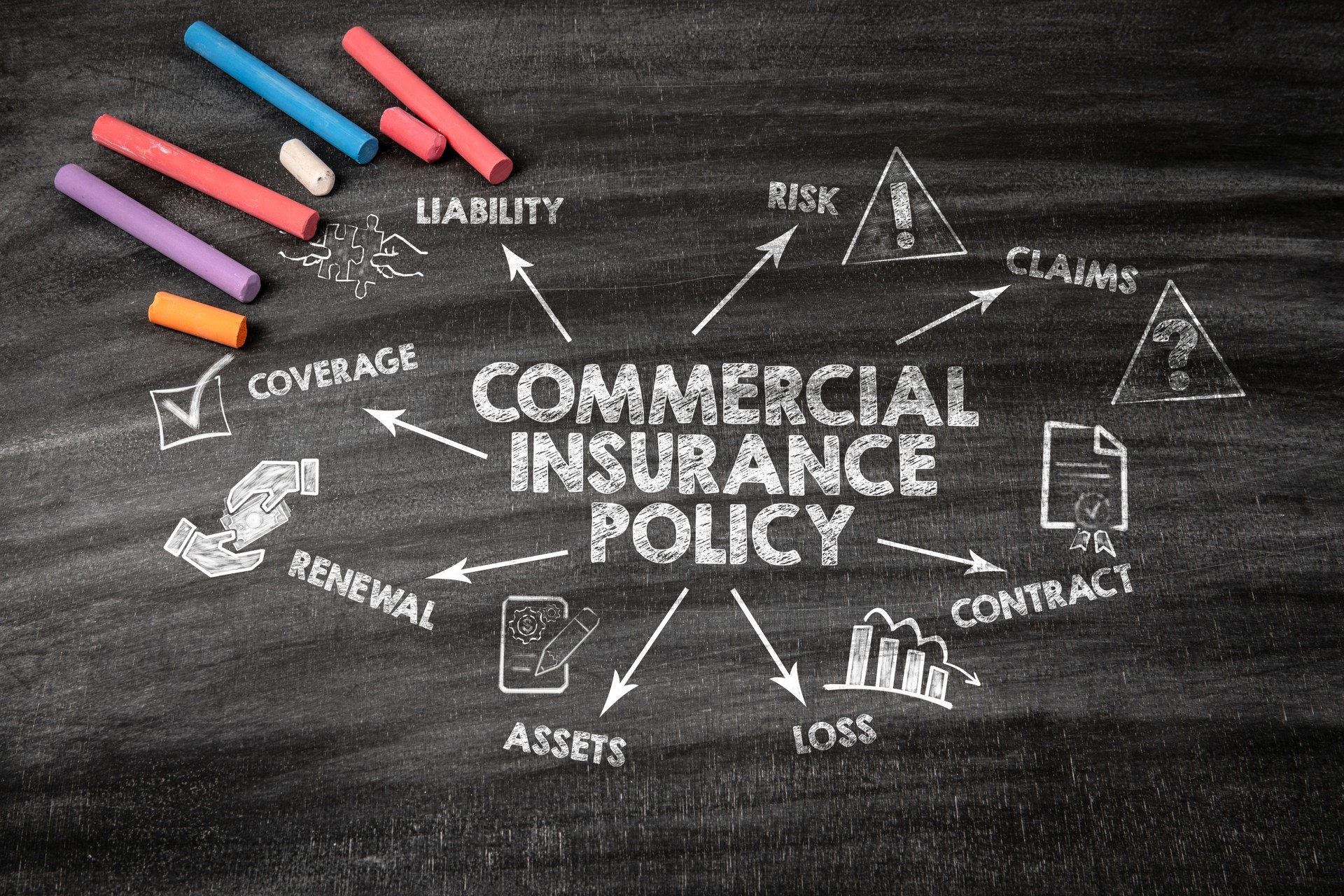 COMMERCIAL INSURANCE POLICY. Black scratched textured chalkboard background