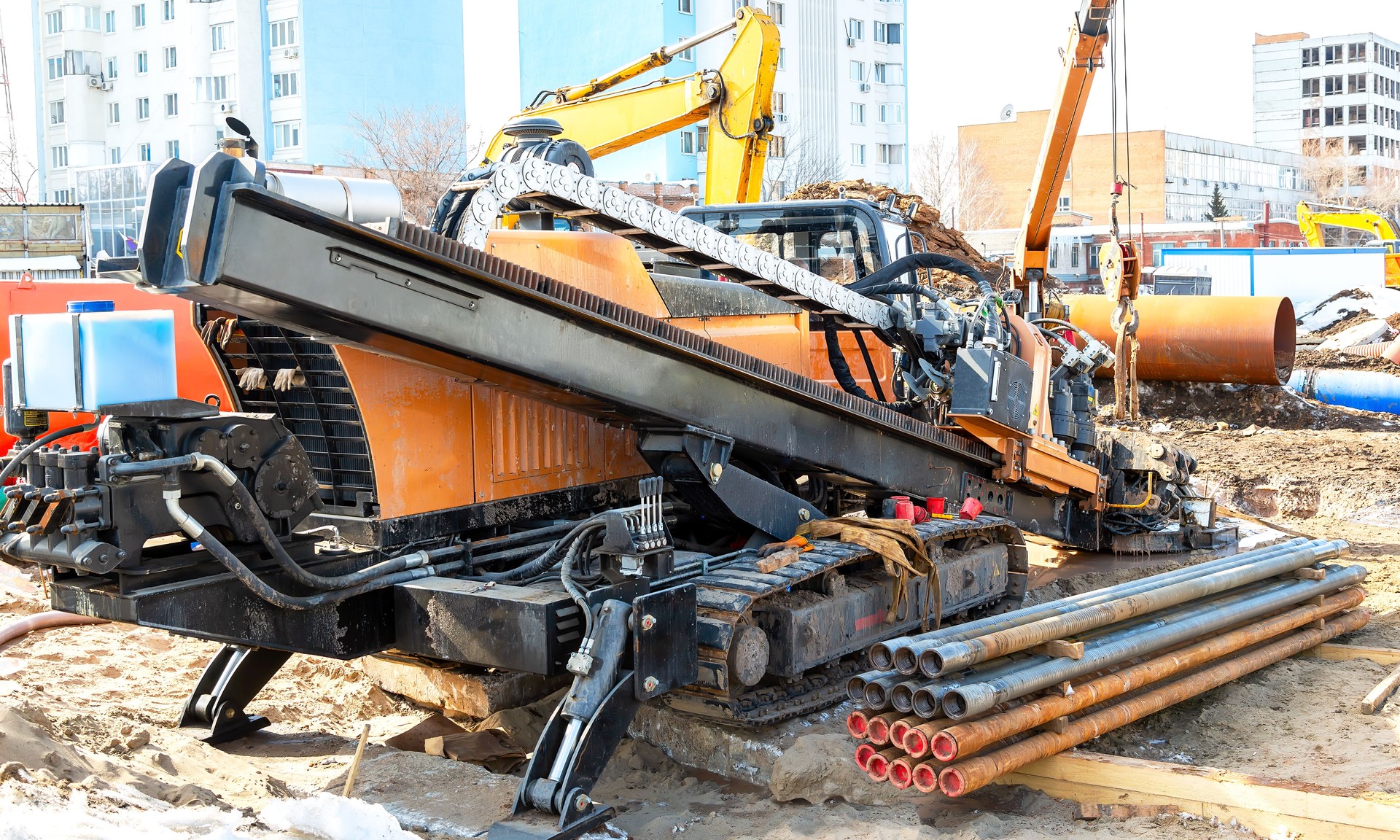 Horizontal directional drilling machine. Trenchless method of installing underground utilities - pipe, conduit